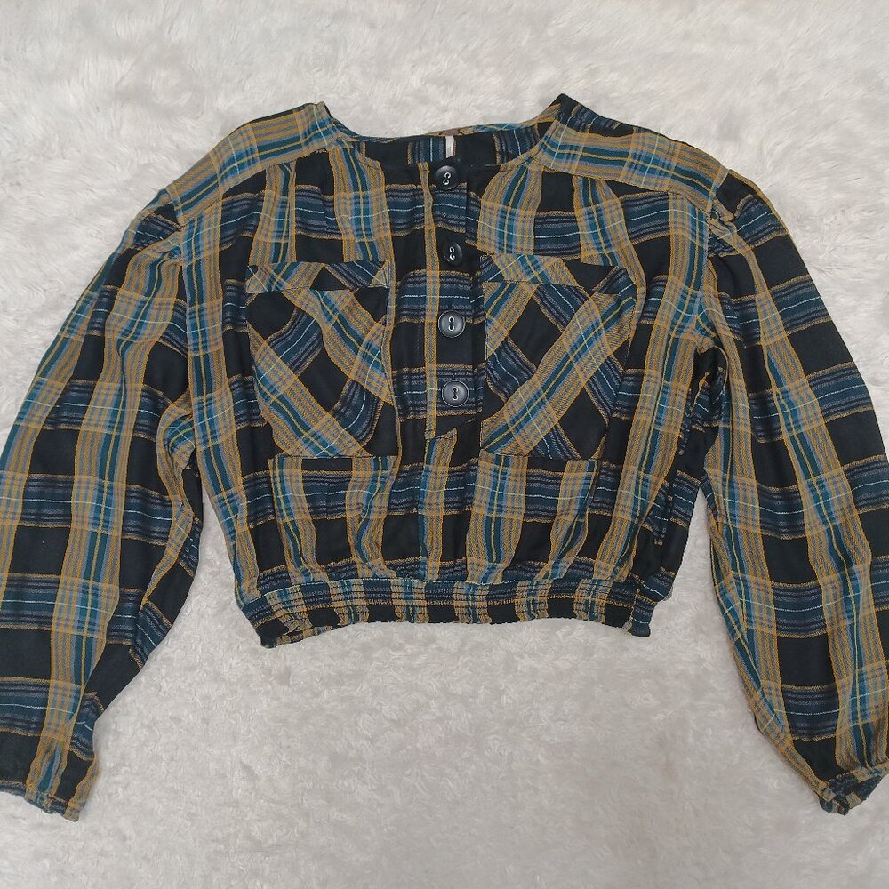 Free People Women's Its the Good Life Plaid Crop Top Long Sleeve Buttons - Picture 2 of 8